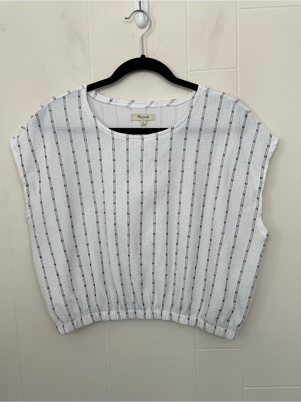 Madewell Short Cap Sleeve Top Size M Cream Black Stripe Crop Elastic Waist